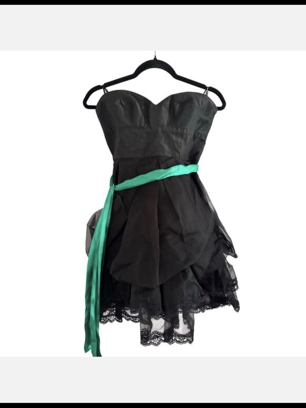 ISO:  Bebe Strapless Black Dress with Green Sash Size M